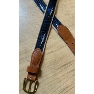 Fish Canvas Belt Mens 34” Coastal Brass Buckle Sailfish Marlin Blue Leather